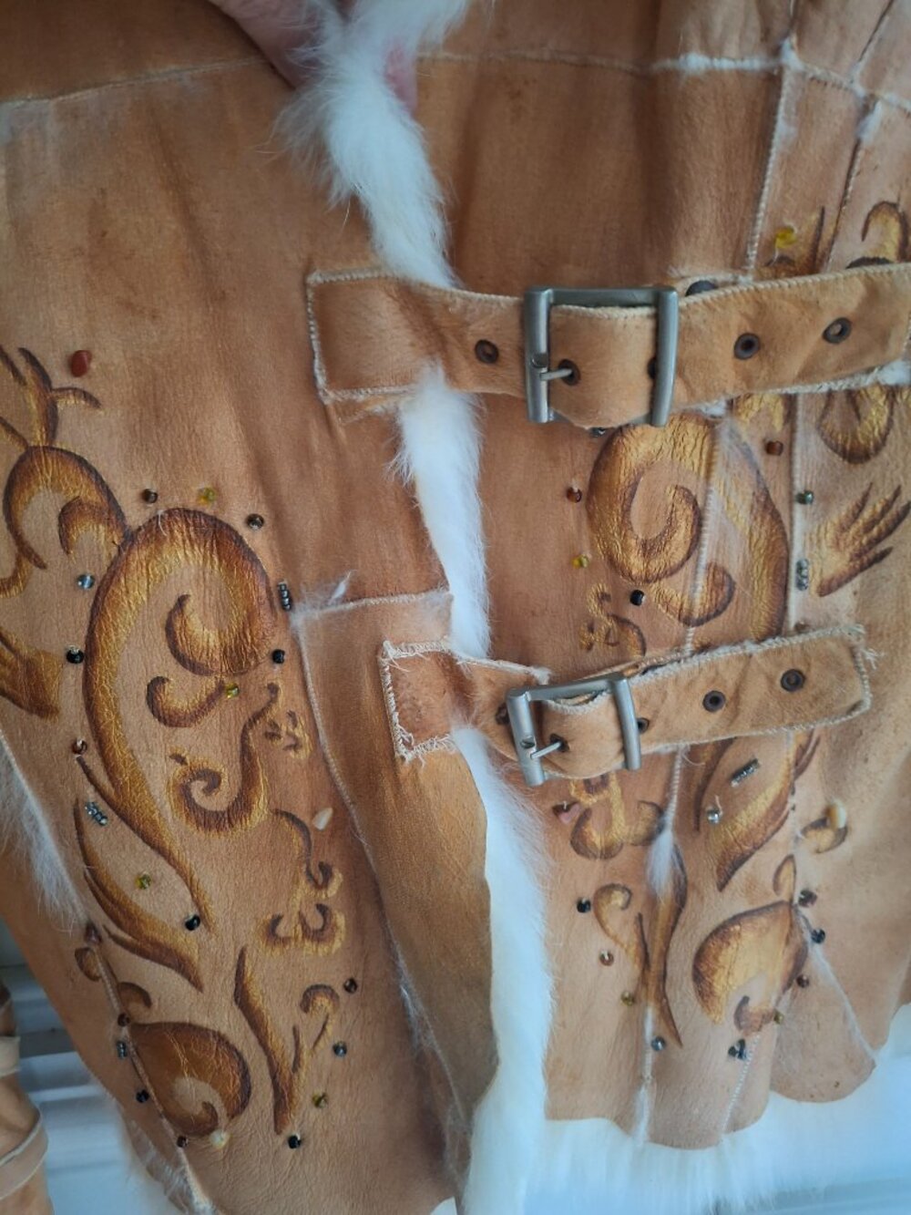Rare Vintage Argentinian Suede Rabbit Fur Boho Embroidered Jacket size M - Picture 3 of 11
